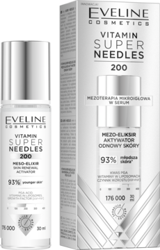 Eveline Vitamin Super Needles 200 Mezo-Eliksir Aktywator Odnowy Skóry, biała butelka i kartonik, widok przód.