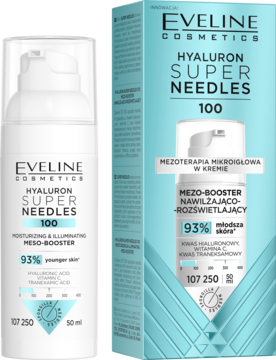 Eveline Hyaluron Super Needles 100 mezo-booster nawilżająco-rozświetlający w białej butelce z pompką i turkusowym opakowaniu.