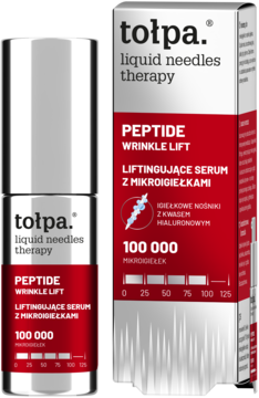 Liftingujące serum Tołpa Peptide Wrinkle Lift z mikroigiełkami w srebrno-czerwonej butelce i opakowaniu.
