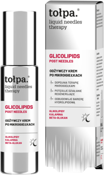 Tołpa Glicolipids Post Needles krem odżywczy po mikroigiełkach w srebrnej butelce i białym pudełku, widok z przodu.