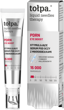 Tołpa PDRN Eye Boost serum pod oczy w srebrnej tubie i białym kartoniku, widok z przodu, obok siebie.