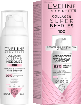Eveline Collagen Super Needles 100 nawilżający mezo-booster, biała butelka z pompką i różowe opakowanie.