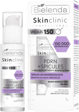 Bielenda Skinclinic PDRN + Spicules Serum w butelce z pompką, obok pudełka w bieli i purpurze.