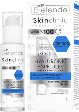 Bielenda Skinclinic Professional serum Hyaluronic + Spicules, biała butelka i pudełko z 100 000 biomikroigieł.