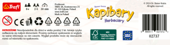 Tył pudełka gry planszowej Trefl Kapibary Barbecuery: wiek 8+, 2-4 graczy, ostrzeżenia, kod EAN i producent.