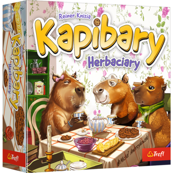 Gra planszowa Kapibary Herbaciary, pudełko z kapibarami pijącymi herbatę przy stole, widok z przodu i boku.