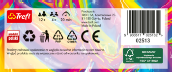 Tył pudełka gry Trefl z ikonami wiekowymi 12+, dla 2-4 graczy, czas 20 min. Widoczne recykling, CE, barcode i FSC.