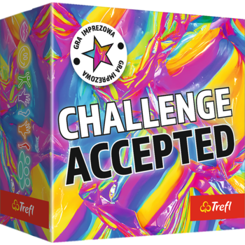 Gra imprezowa Trefl Challenge Accepted, kolorowe pudełko z błyszczącymi fioletowo-różowymi wzorami, widok pod kątem.