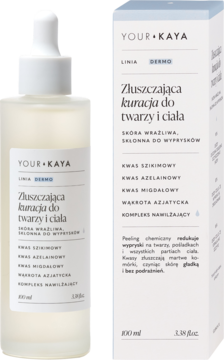 YOUR+KAYA złuszczająca kuracja do twarzy i ciała w białej butelce z pipetą, obok białego opakowania, na jasnym tle.