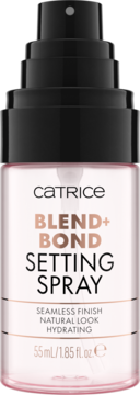 Różowy spray utrwalający makijaż Catrice Blend+Bond 55ml w butelce z czarną pompką, widok z przodu.