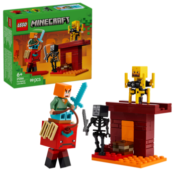 Zestaw LEGO Minecraft The Nether Fight (21185) z figurkami Alex, szkieletem, złotym Hoglinem oraz netherową scenerią. Pudełko obok.