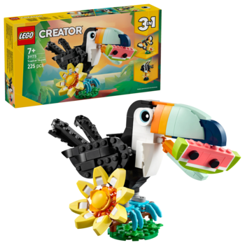 LEGO Creator 3w1, model tukana z kolorowym dziobem trzyma arbuza, obok żółty kwiat, z pudełkiem 7+.