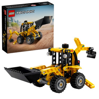 Żółto-czarny model LEGO Technic 42102 Koparko-ładowarka, widok z boku, z pudełkiem w tle.
