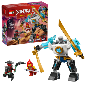 LEGO Ninjago Jay's Titan Mech 71785, biało-czarno-niebieski robot ze złotymi mieczami, z figurkami. Widok z przodu.