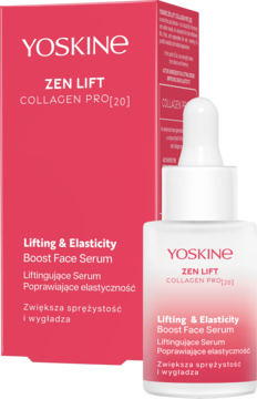 Yoskine Zen Lift Collagen Pro[20] Lifting & Elasticity serum w butelce z pipetą, obok różowego opakowania.