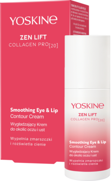 Yoskine Zen Lift Collagen Pro[20] krem do oczu i ust. Biała butelka obok różowego pudełka, widok z przodu.