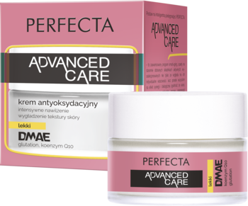 Perfecta Advanced Care lekki krem antyoksydacyjny z DMAE w różowo-białym słoiku i kartoniku, widok z przodu.