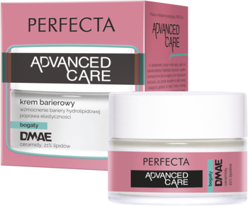 Perfecta Advanced Care bogaty krem barierowy z DMAE, biały słoiczek i różowe opakowanie, widok z przodu.