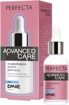 Perfecta Advanced Care serum pod oczy z DMAE, kofeiną. Różowa butelka z pipetą i pudełko, widok z przodu.