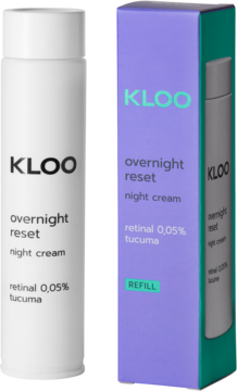 KLOO overnight reset night cream refill z retinalem 0,05% i tucumą, biała butelka obok fioletowego pudełka.