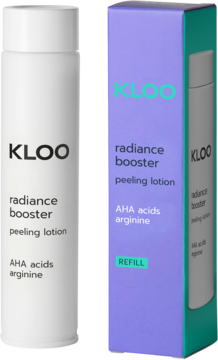 KLOO radiance booster peeling lotion: biała butelka i fioletowe pudełko REFILL z wycięciem, widok z przodu.