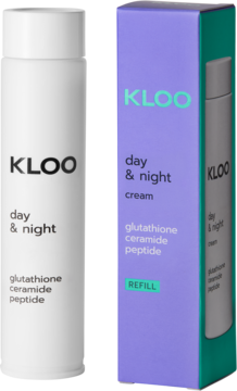 Krem KLOO day & night refill: biała tubka z przodu, fioletowe pudełko z glutationem, ceramidem, peptydem.