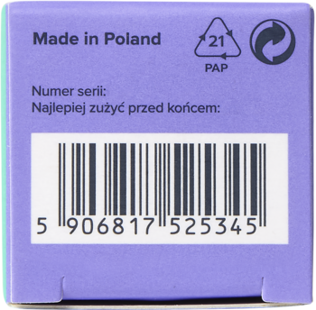 Tył fioletowego kartonowego opakowania refill KLOO anti-ox serum z kodem, Made in Poland i symbolami recyklingu.