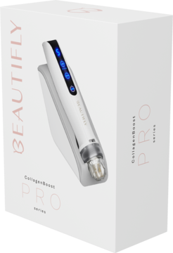 Białe pudełko Beautifly Dermapen CollagenBoost PRO z urządzeniem do mezoterapii mikroigłowej, EMS i LED.