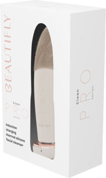 Beautifly B-Clean PRO indukcyjna szczoteczka soniczna do twarzy w biało-różowym opakowaniu, widok pod kątem.