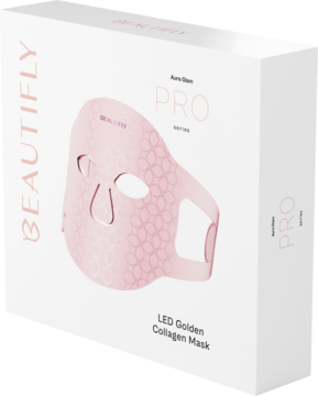Różowa silikonowa maska LED Beautifly Aura Glam PRO w białym pudełku z logo, widok z przodu pod kątem.