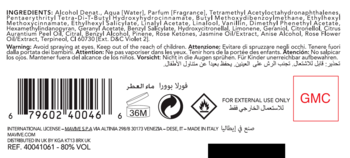 Tył opakowania wody perfumowanej Furla Pura z listą składników, ostrzeżeniami, kodem kreskowym i symbolem PAO.