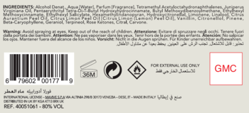 Tył opakowania perfum Furla Adorabile z listą składników, ostrzeżeniami, kodem kreskowym i 80% VOL.