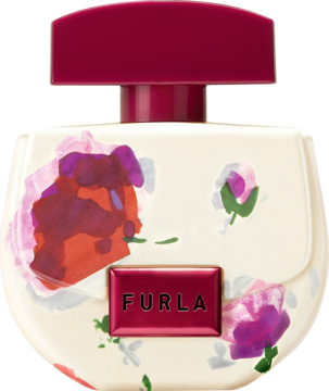 Furla Adorabile woda perfumowana w kremowej butelce o kształcie torebki, z barwnym kwiatowym wzorem i czerwonym korkiem.