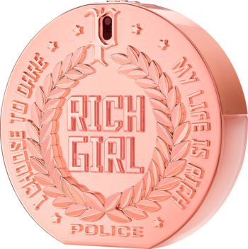 Luksusowa, różowo-złota, okrągła butelka Police Rich Girl EDP z wytłoczonym napisem "RICH GIRL" i wieńcem laurowym.