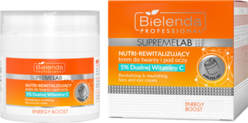 Nutri-rewitalizujący krem Bielenda SupremeLab Energy Boost 5% Dualna Witamina C, słoiczek i pudełko.