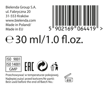 Tył opakowania serum Bielenda SupremeLab Energy Boost z 30ml, kodem EAN, certyfikatami ISO, GMP, EAC i symbolem 6M.