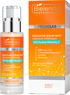Bielenda Supremelab Energy Boost, emulsyjne serum-shot z 15% Dualną Witaminą C, butelka i pudełko