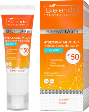 Bielenda Supremelab Hydro-rewitalizujący krem ochronny SPF 50 z Tetra-Vit C w tubce i pudełku, widok z przodu.