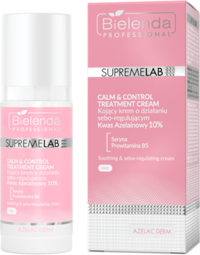 Bielenda SupremeLab Azelac Derm krem z 10% kwasem azelainowym, biała butelka obok różowego opakowania.