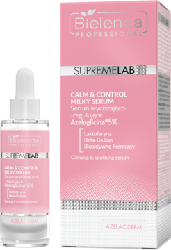 Różowe serum Bielenda Azelac Derm Azeloglicina 5% w butelce z pipetą i kartoniku, widok z przodu.