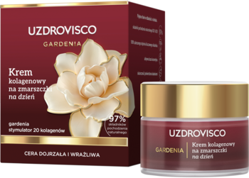 Uzdrovisco Gardenia krem kolagenowy na zmarszczki dla skóry dojrzałej. Słoiczek i otwarte pudełko z kwiatem.