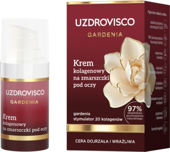 UZDROVISCO GARDENIA krem kolagenowy pod oczy w białej butelce i czerwonym pudełku z gardenią, widok z przodu.