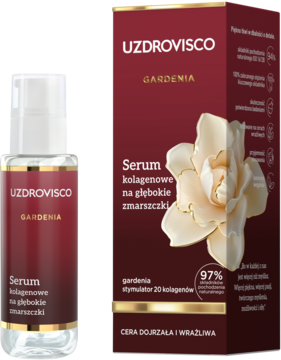 UZDROVISCO GARDENIA serum kolagenowe przeciwzmarszczkowe, butelka z pompką i czerwone pudełko z kwiatem.