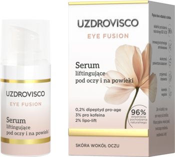UZDROVISCO EYE FUSION Serum liftingujące pod oczy i na powieki, butelka z pompką i różowe pudełko ze złotymi detalami.