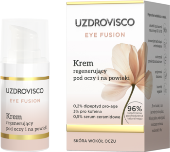 Uzdrovisco Eye Fusion krem regenerujący pod oczy. Biała butelka z pompką i kartonik ze złotymi akcentami, widok z przodu.