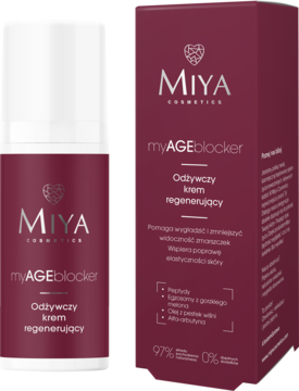 Miya myAGEblocker Odżywczy krem regenerujący, biała butelka z pompką i burgundy pudełko z napisami.