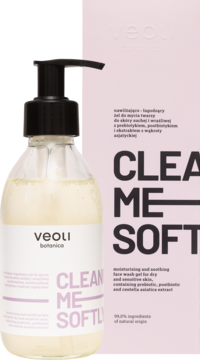 Nawilżający żel do mycia Veoli Botanica Clean Me Softly w przezroczystej butelce z pompką, obok różowego pudełka.