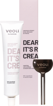 Veoli Botanica Dear Skin, It’s Rich Cream w białej tubce i różowym pudełku, z metalowym kluczem do wyciskania.