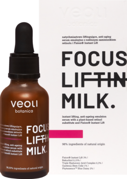 Veoli Botanica Focus Lifting Milk, liftingujące serum w brązowej butelce z zakraplaczem i białym opakowaniu, widok z przodu.