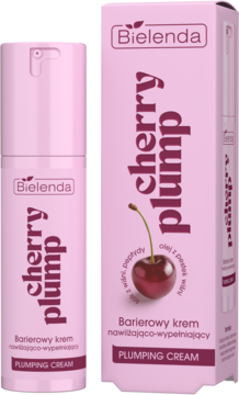 Bielenda Cherry Plump, krem nawilżająco-wypełniający w różowej butelce z pompką i pudełku, widok z przodu.